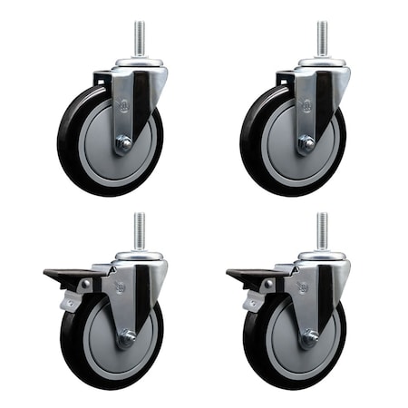Service Caster 5 Inch Black Polyurethane Wheel Swivel 58 Inch Threaded Stem Caster Set 2 Brakes SCC SCC-TS20S514-PPUB-BLK-58212-2-PLB-2